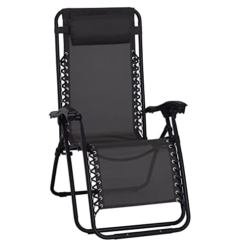 Image of Outsunny Zero Gravity Chair Metal Frame Texteline Armchair Outdoor Folding and Reclining Sun Lounger with Head Pillow for Patio Decking Gardens Camping, Black