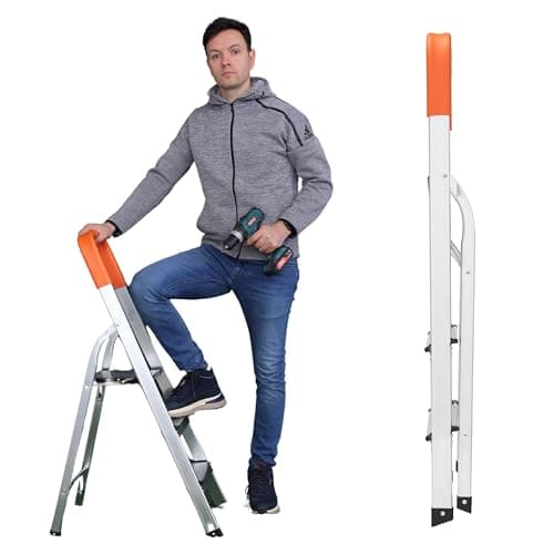 Image of 3 Step Ladder - Portable Folding Aluminium Ladders 41.34'' (105cm) High - Small Step Ladder with Safety Handrail & Anti-slip Planform - For Home, Office & DIY Projects - 150kg/330lbs Capacity