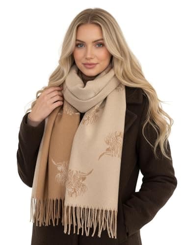 Image of The Accessory Co. Highland Cow Gifts - Womens Blanket Scarf, Highland Cow Scarf - Cashmere Ladies Scarves, Long Large Oversized Shawl Wrap, Gift for Her, Christmas Winter Scarf (Camel/Beige)