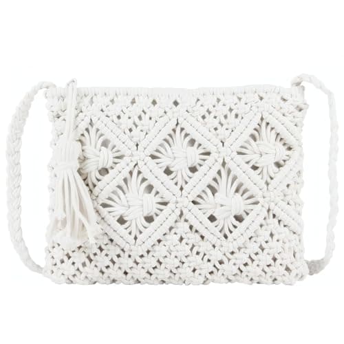 Image of EnjoyThink White Women Handmade Cross Body Bags, Straw Bag Summer Beach Crossbody Bag, Shoulder Purse Holiday Messenger Bags, Small Clutch Woven Cotton Mobile Phone Wallet Organizer