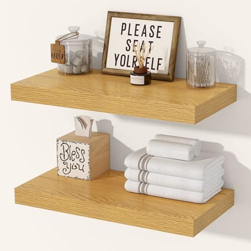 Image of 29.5cm Deep Floating Shelves for Wall, 40cm Oak Floating Wall Shelves Wooden Wall Mounted Shelving, Extra Wide Storage Shelves for Kitchen, Bathroom, Living Room & Bedroom Organizer, Set of 2