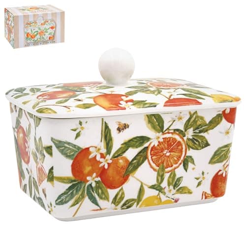Image of The Leonardo Collection Oranges & Lemons Jennifer Rose Fine China Oranges & Lemons Butter Dish for Kitchen | Dishwasher Safe Butter Dish for Keep Butter Fresh | BPA-Free Butterdish for Butter Storage