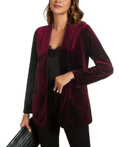 Image of MINTLIMIT Women Casual Velvet Blazers Shawl Lapel Open Front Work Suit Long Sleeve Office Blazer Jacket with Pockets 2025 Fall Wine Red