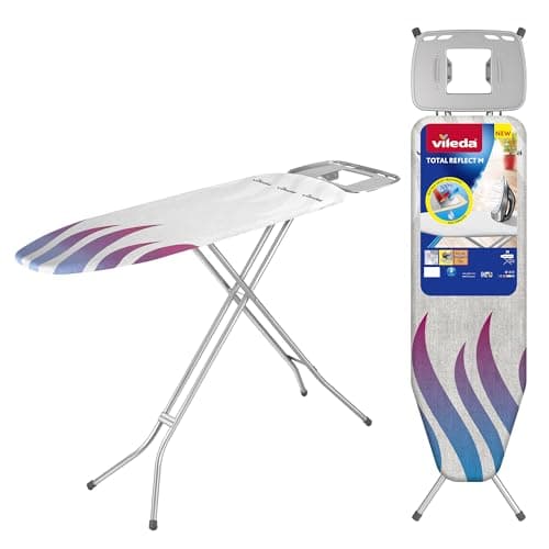 Image of Vileda Total Reflect Ironing Board Medium with Heat Reflective Cover | Adjustable Height 75–96 cm | XL Steam Rest with Hanger Hooks | 120 x 38 cm Ironing Surface