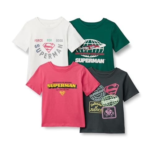 Image of Amazon Essentials Boys' Short-Sleeve T-Shirts, Pack of 4, Superman Justice, 11-12 Years