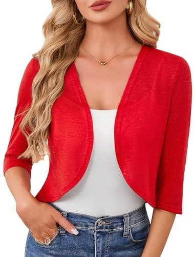 Image of YGJIEGENG Women's Shrugs for Dresses Short Sleeve Knit Lightweight Crop Cardigan Dressy Open Front Cropped Tops Coat Clothes,Red,M