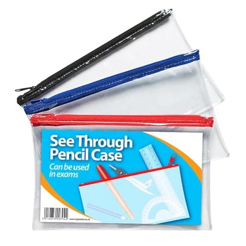 Image of 1ABOVE 3pk Clear Pencil Case for Exams, Transparent Pencil Case with Zipper for Usage in School Home Office and Travel. Blue, Black and Red- 20x12.5cm