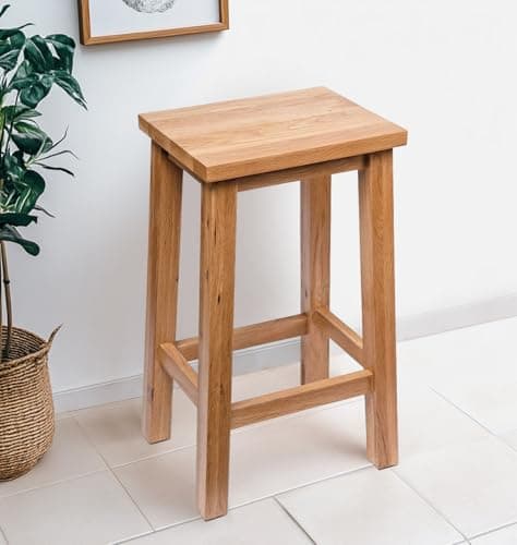 Image of Hallowood Camberley Bar Stool in Light Oak Finish, Solid Wooden Oak Stool with Footrest, Stools to Sit On Under Kitchen Counter Top, Breakfast Bar, Dressing Table, Living room or Hallway