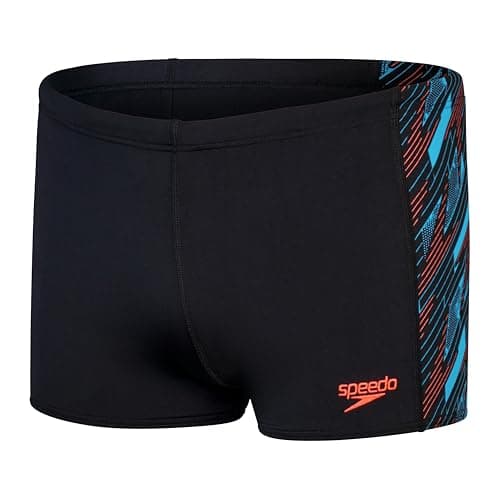 Image of Speedo Men's Hyperboom Panel Aquashort | Swim Training | Fitness | Chlorine Resistant, Black/Picton Blue/Siren Red, 30