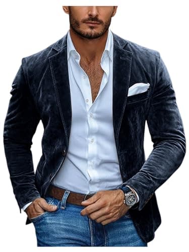 Image of DRCUIVS Men's Faux Suede Blazer Tailored Fit Notch Lapel Single Breasted Business Suit Jacket, Navy Light Blue, 6XL