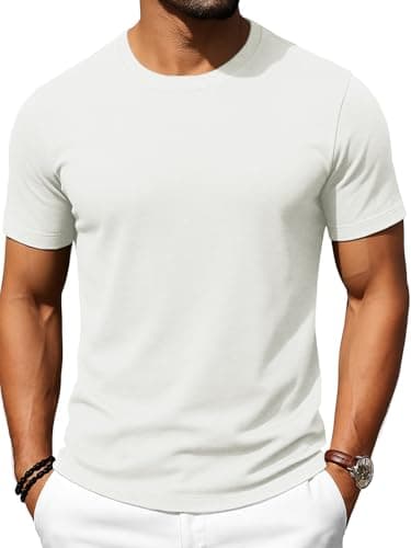 Image of Runcati Men's Short Sleeve T-Shirt Premium Plain Crew Neck Tops Summer Gym Fitness Sports Shirt Lightweight Regular Fit Tee White L