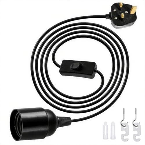 Image of E27 Plug in Pendant Light, Ceramic lampshade, 1.8m(5.9ft) Lamp Cable Plug in Ceiling Light, 2 Core Cable Plug with On/Off Switch with 5A Fuse, lamp kit for Creating an Atmosphere, Black
