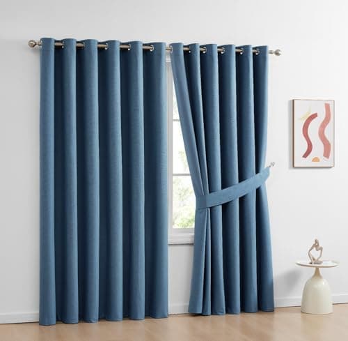 Image of PRIME LINENS Blackout Curtain for Bedroom Living Room Soft Thermal Insulated Heavy Eyelet Ring Top Readymade Curtain Pair Panels with Tiebacks (Blue, W 66" x L 72")