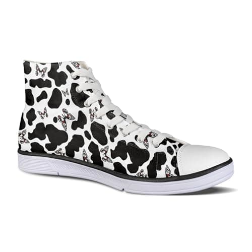 Image of Micoklinlin Womens Canvas Shoes High Top Teens Girls Canvas Sneakers Cow Print & Butterfly Tennis Shoe Lace Up Casual Classic Flat Walking Shoes