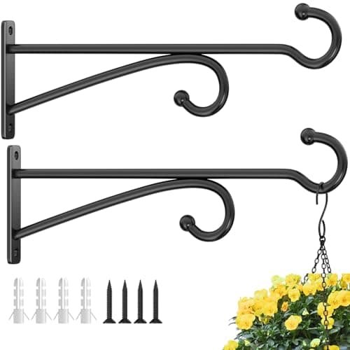 Image of pickpiff 2 Pcs 10-Inch (25 cm) Planter Hooks for Hanging Plants - Metal Plant Hanger Hooks for Indoor Outdoor Use, Wall Brackets for Baskets, Wind Chimes, Bird Feeders, Bird Houses (Black)