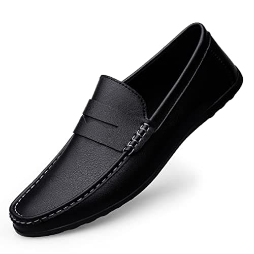 Image of Men's Loafers Flat Breathable Casual Leather Moccasins Handmade Slip On Driving Business Shoes Black Size 10
