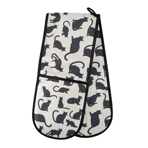 Image of Oven Gloves Double Oven Gloves Cute Cat Black Oven Mitts Pot Holder Heat Resistant Quilted for BBQ Baking Kitchen Cooking Gloves
