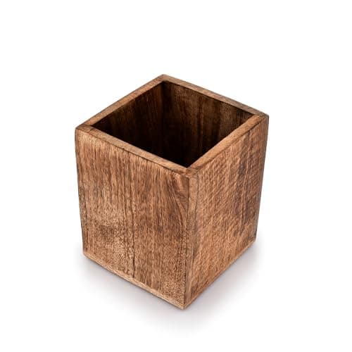 Image of Samhita Mango Wood Burning Finished Kitchen Utensil Holder for Countertop, Utensil Holder Container for Kitchen Cooking Utensil. (12.7cm x 12.7cm x 15.24cm)