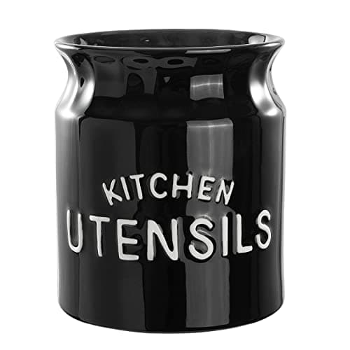 Image of Karisky Kitchen Utensil Holder, Large Farmhouse Utensil Holder for Countertop, Decorative Ceramic Cooking Utensil Crock Holder for Kitchen Counter, 14 x 16 cm, Black
