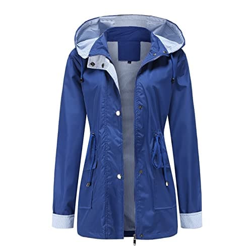 Image of MODFUL Women Long Sleeve Rainproof Jacket Waterproof Windbreaker Hooded Lightweight Windproof Outdoor Coat(Navy,XL)