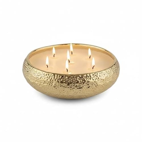 Image of Aeolian 7 Wick Vanilla Scented Candle in Hammered Champagne Bowl (20cm) - Luxurious Soy Wax Table Centrepiece, Perfect Home Decoration Gift, Elegant Interiors by Rowen Homes (Gold)
