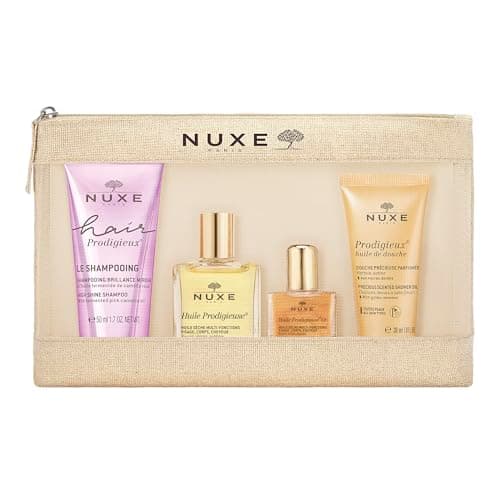 Image of Nuxe Prodigieuse My Essentials Case - Hair Prodigieux Shine Shampoo 50ml, Huile Prodigieuse Dry Oil 50ml, Gold Shimmering Dry Oil 10ml & Precious Shower Oil 30ml - Travel Essentials Gift Set