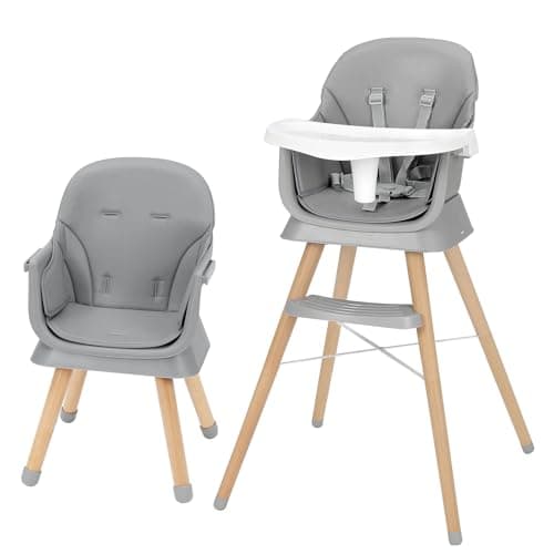 Image of 6-in-1 Baby High Chair with Wooden Legs, Convertible to Booster Seat & Toddler Chair, 5-Point Harness, Removable Tray, Adjustable for 6 Months to 6 Years Gray (Gray)