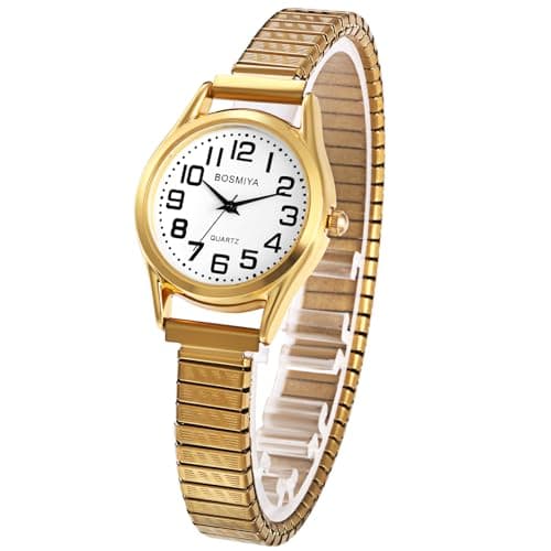 Image of Oidea Women's Easy Reader Watch: Super Large Face Clear Number Elastic Strap Wrist Watches for Women Waterproof Ladies Watch Golden Stainless Steel Expansion Band Watch