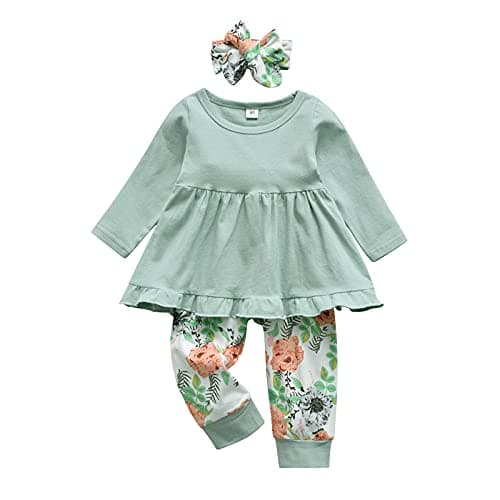 Image of Derouetkia Baby Girl Outfit Set Solid Color Tops + Pants for Toddler Girl Clothes, Green, 12-18 Months