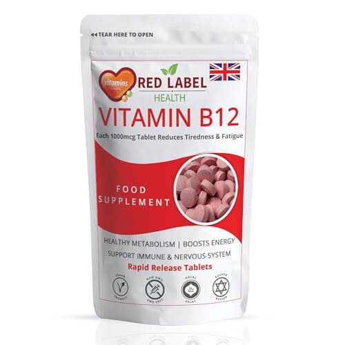 Image of Red Label Health Vitamin B12 Tablets High Strength 1000mcg for Men & Women, Pack of 30 Tablets (1 Month Supply), Methylcobalamin B12 Vitamin for Tiredness and Fatigue, Vegetarian, Vegan