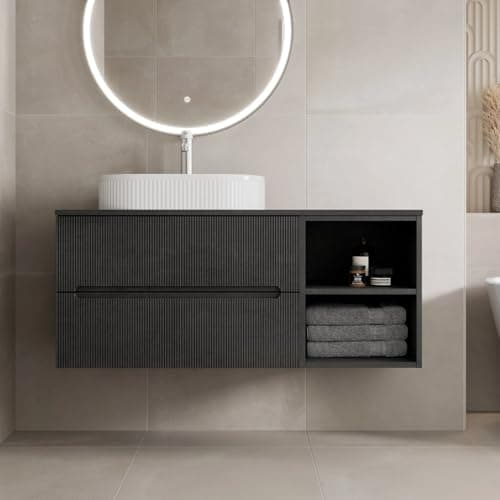Image of Vitusso® 1200mm Fluted Bathroom Cloakroom Vanity Unit Countertop White Oval Basin Sink Wall Hung Storage Furniture Soft Close, RH Shelves, Black