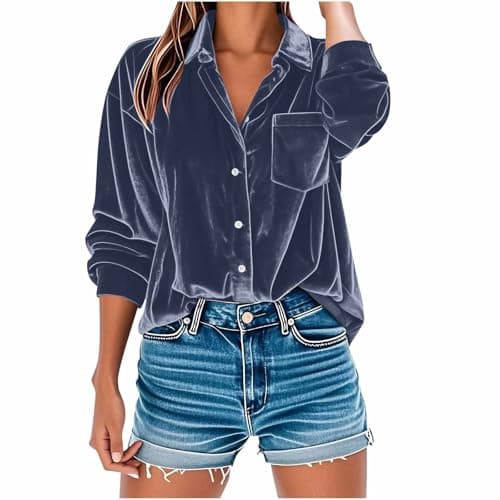 Image of Long Sleeve Tops Women Velvet Blouse V Neck Button Up Shirts Solid Loose Fit Tunic Tops Party Work Casual Oversized Loose Tshirts Ladies Lapel Collar Shirt Elegant Blouse Navy