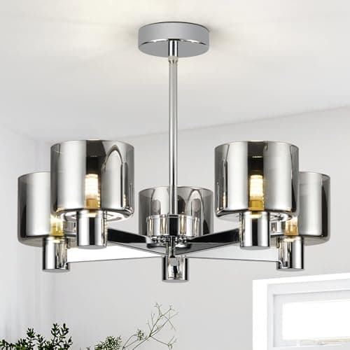 Image of HARPER LIVING Modern 5-Light Chandeliers Ceiling Light, Chrome Semi Flush Ceiling Lamp with Smoked Glass Shades, 5xG9 Ceiling Lamp for Living Room Bedroom Dining Room Hallway