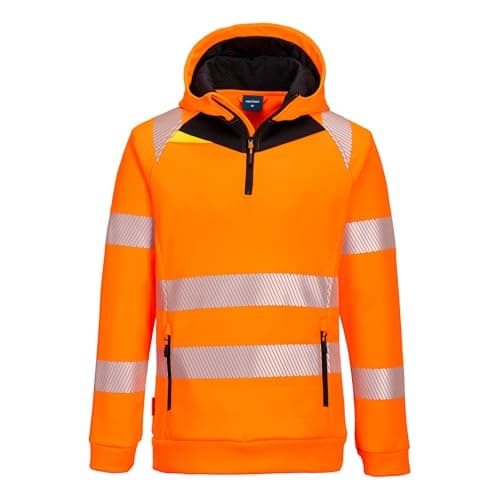 Image of Portwest DX482 DX4 Hi Vis Quarter Zip Hoodie Bonded Fleece Stretch Fabric Segmented Reflective Tape Slim Fit Adjustable Hood Multi Pocket Certified Safety Rail Compliant, Orange/Black, XL