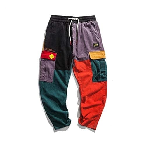 Image of Loeay Men's Causal Pants Hip Hop Streetwear Color Block Joggers Pants Corduroy Trousers Elastic Waist Harem Patchwork Pant XXL
