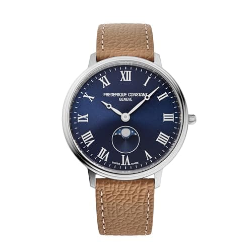 Image of Fredrique Constant Classic Quartz Moonphase Silver Stainless Steel Case Watch and Brown Leather Strap Blue Dial, Style:FC-206RN3S6, Silver