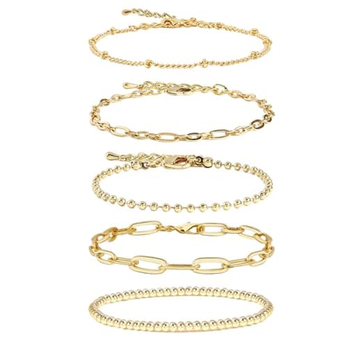 Image of CYWQ 14K GoldChain Bracelet Sets for Women Girls Dainty Gold Paperclip Link Bead Bracelet Layered Metal Link Bracelet Fashion Jewelry (Gold)