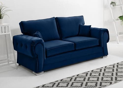 Image of Sofahub Verona Collection - Blue Plush Velvet 3 Seater Sofa | Fullback Upholstered Living Room Couch with Foam Cushions, Button Tufted Detailing & Chrome Feet