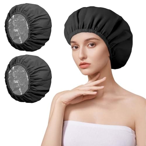 Image of AOGOE 2 Pack Heat Caps Deep Conditioning Hair Caps, Double Layer Hot Oil Hair Treatment Heat Caps, Tin Foil Hair Heat Cap, Reusable Shower Caps Steam Caps Hair Dye Cap Tin Foil Hat for Home Salon Use