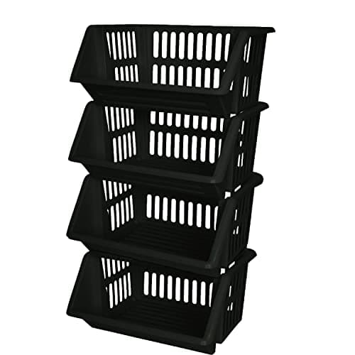 Image of ZARVICZONIA Large Stacking Storage Baskets Veg Rack, Durable Plastic Stackers, Dimensions: 36 cm (L) x 30 cm (D) x 17.5 cm (H) (Black, Pack of 4)