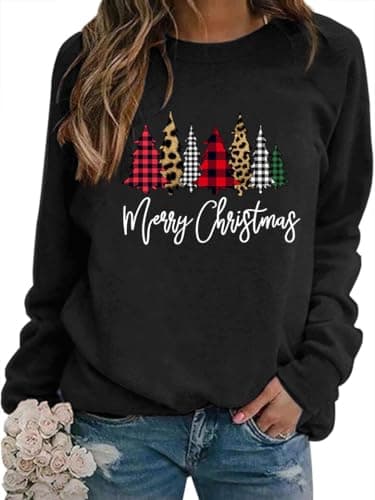 Image of WIEIYM Christmas Sweatshirt Women Chrtistmas Tree Graphic Print Jumper Long Sleeve T Shirt Unisex Pullover Causal Crewneck Tops for Women/Men S-XXL Black
