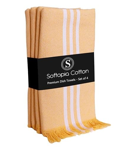 Image of Softopia Cotton Stripe Kitchen Towels 4 Pack, 16x26 Inches, Dish Cloths for Drying, Wiping, Absorbent Tea Towels, Washable Rags, Reusable Cleaning Cloths for Everyday Kitchen Tasks - Mustard Yellow