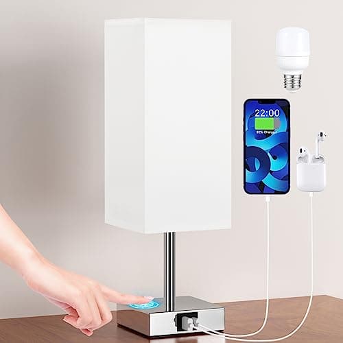 Image of Aooshine Bedside Lamp, Touch Control Table Lamp with USB A+C Charging Ports, Touch Lamps Bedside with 3 Way Dimmable, Table Lamps for Bedroom Living Room with White Fabric Shade (LED Bulb Included)