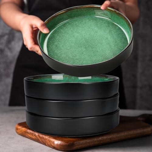 Image of CSYY 4 Pcs Large Pasta Bowls, 1000ml 22cm Deep Porcelain Plates Set, Green Round Premium Plates Set for Pasta, Salad, Soup, Fruit