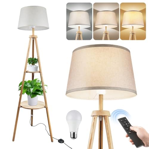 Image of Wood Tripod Floor Lamp with Shelves, Dimmable & Adjustable Color Temperature (3000K-6000K), Remote Control & Foot Switch, 1-Hour Timer, Standing Lamp for Living Room, Bedroom, Office, Bulb Included