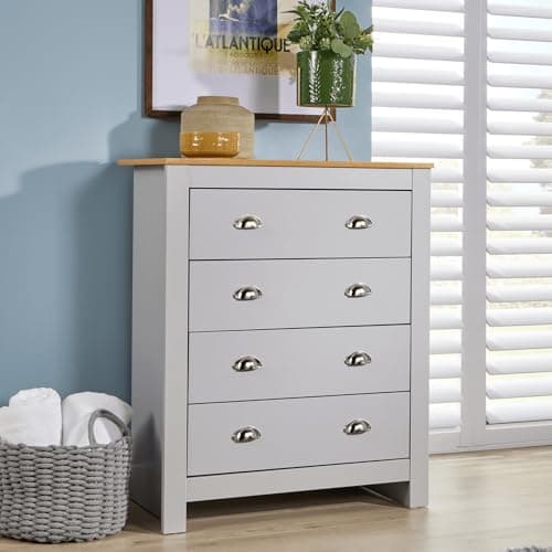 Image of Home Source Chest of Drawers Clothing Storage Unit, 4 Drawers, Oak Effect Top, Grey