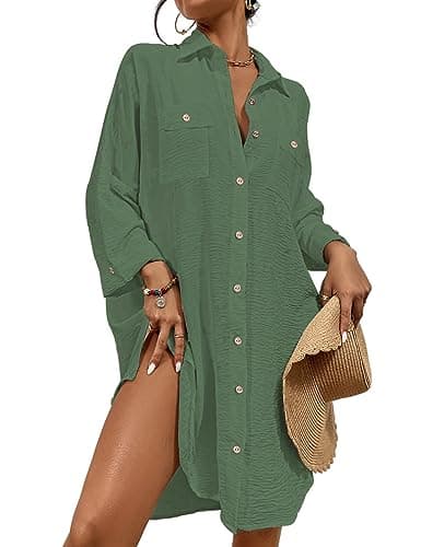 Image of Bsubseach Modern Swimsuit Coverups for Women Button Down Beach Shirt Dress Tops Resort Wear Green XL
