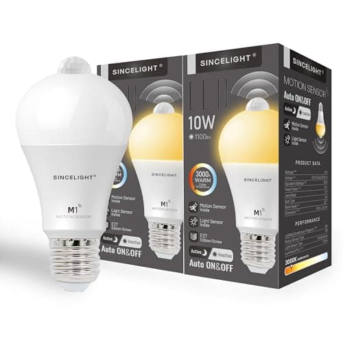 Image of SINCELIGHT Motion Sensor LED Bulb with E27 Cap, Detects Human Movement, Automatic ON/Off in Darkness, 10W GLS Bulb with PIR Sensor, Security Light Bulb, 60 Seconds Delay, Pack of 2