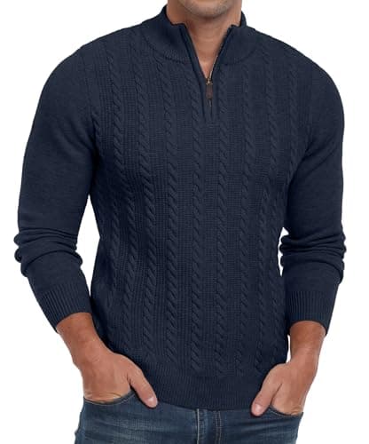 Image of Hisir Mens Quarter Zip Jumper Cable Knit Crew-Neck Sweater Long Sleeve Jumpers Causal Pullover Winter for Men (Navy Blue, M)