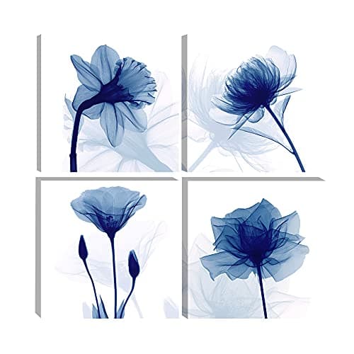 Image of Wieco Art Blue Flickering Flower Modern Abstract Paintings Canvas Wall Art Gallery Wrapped Grace Floral Pictures on Canvas Prints 4 Panels Artwork for Bedroom Office Home Decorations